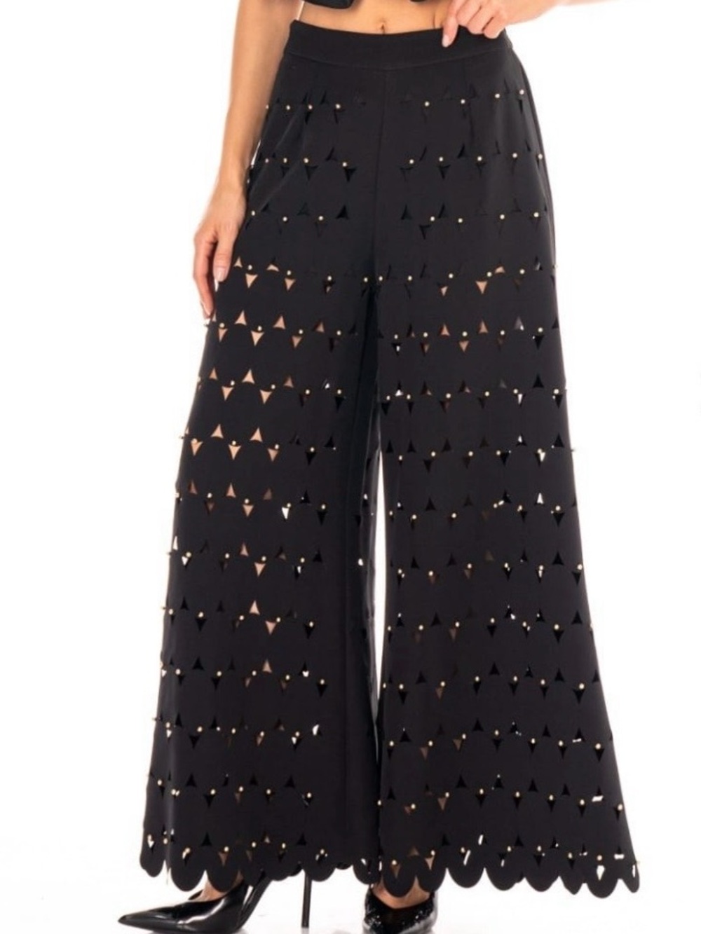 G22. Black Luxe Laser Cut Wide-Leg Pants